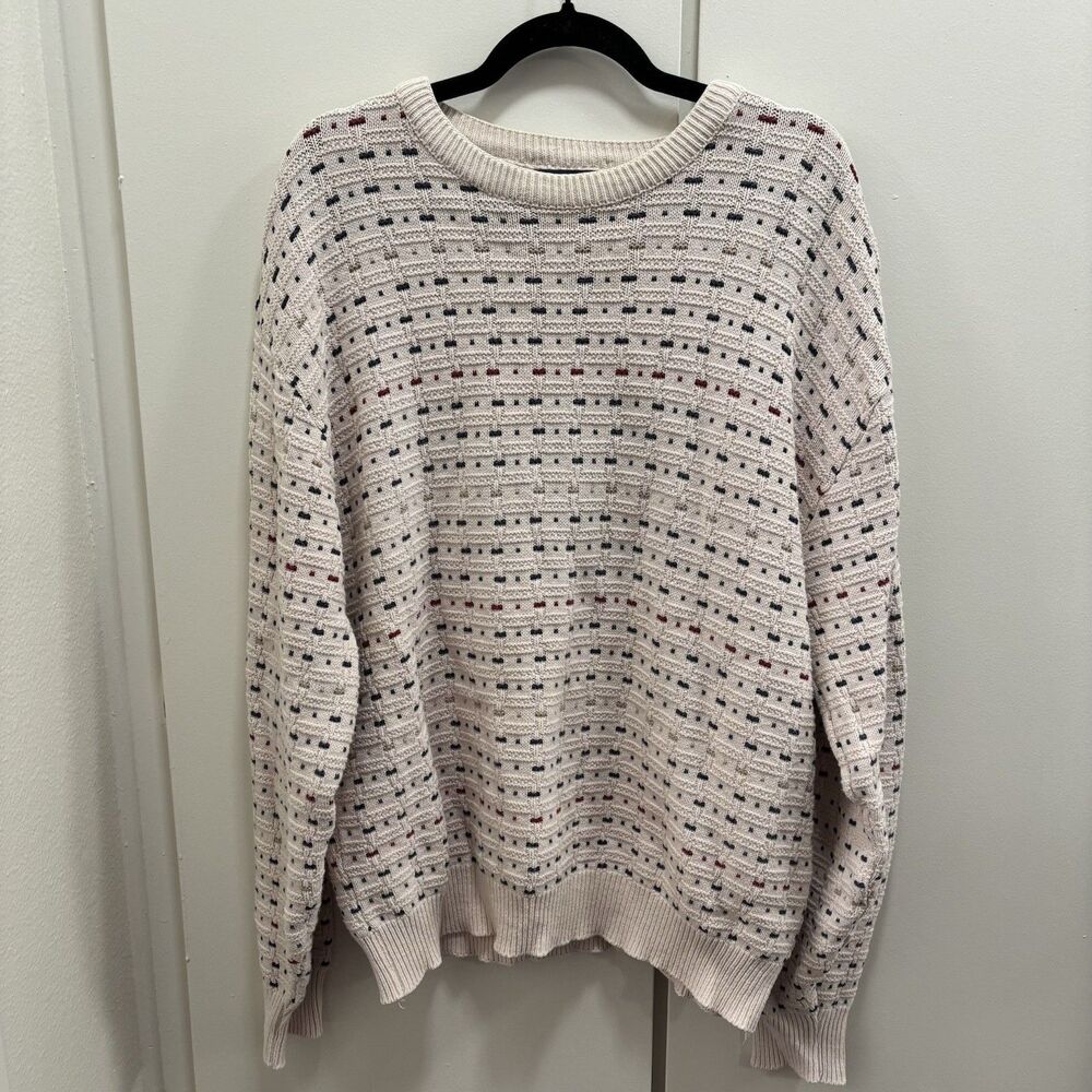 VTG Isle Of Cotton Adult Sz XL Cream Striped Sweater Made In USA Pullover